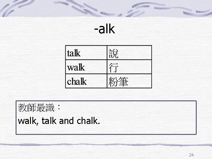 -alk 教師最識： walk, talk and chalk. 24 