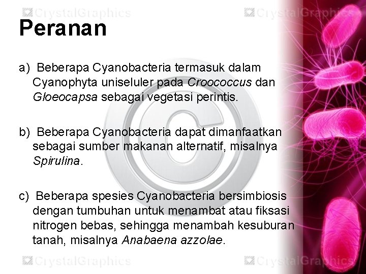 Peranan a) Beberapa Cyanobacteria termasuk dalam Cyanophyta uniseluler pada Croococcus dan Gloeocapsa sebagai vegetasi