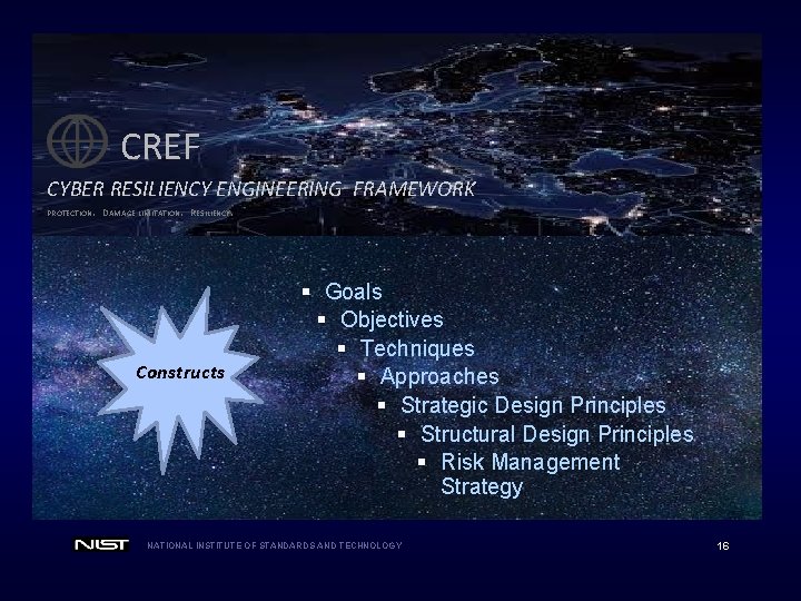 CREF CYBER RESILIENCY ENGINEERING FRAMEWORK PROTECTION. DAMAGE LIMITATION. RESILIENCY. Constructs § Goals § Objectives