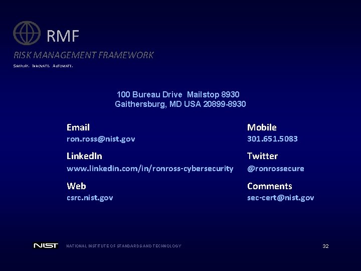 RMF RISK MANAGEMENT FRAMEWORK SIMPLIFY. INNOVATE. AUTOMATE. 100 Bureau Drive Mailstop 8930 Gaithersburg, MD