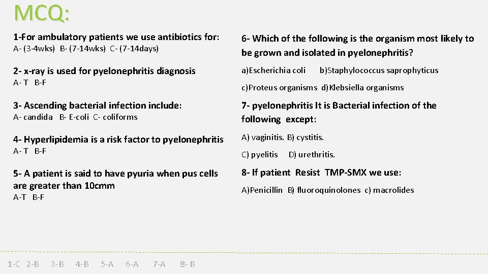 MCQ: 1 -For ambulatory patients we use antibiotics for: A- (3 -4 wks) B-
