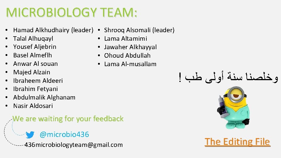MICROBIOLOGY TEAM: • • • Hamad Alkhudhairy (leader) Talal Alhuqayl Yousef Aljebrin Basel Almeflh
