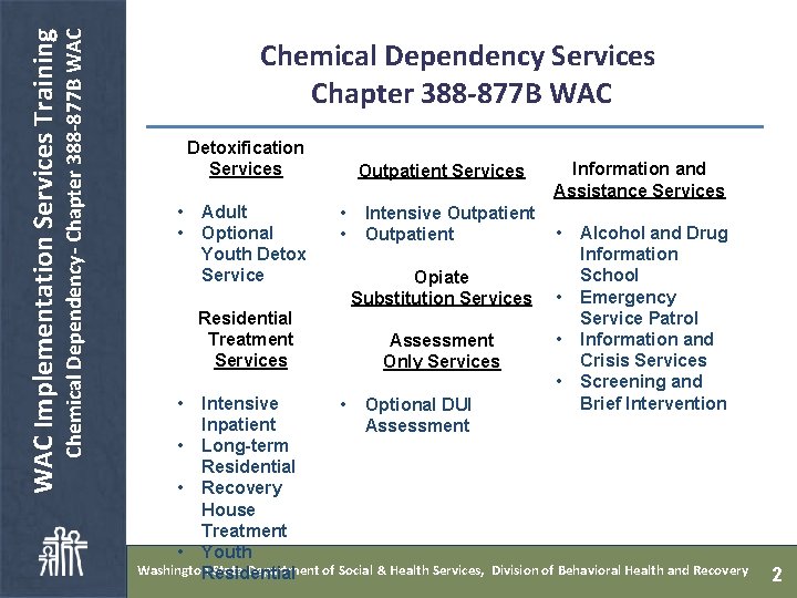  Chemical Dependency- Chapter 388 -877 B WAC Implementation Services Training Chemical Dependency Services