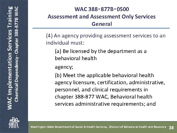  Chemical Dependency- Chapter 388 -877 B WAC Implementation Services Training WAC 388‑ 877