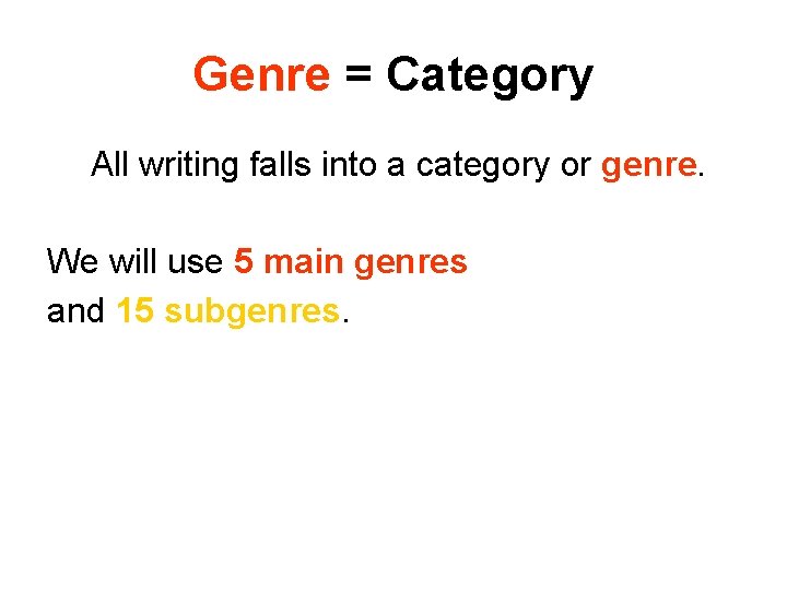 Genre = Category All writing falls into a category or genre. We will use