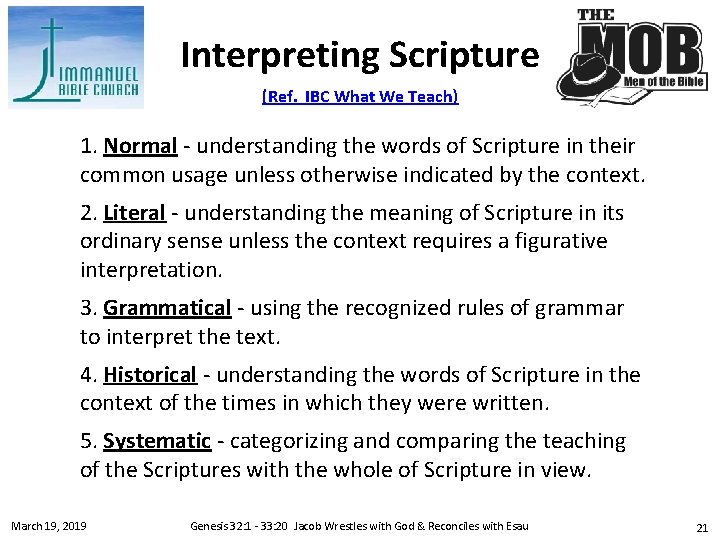 Interpreting Scripture (Ref. IBC What We Teach) 1. Normal - understanding the words of