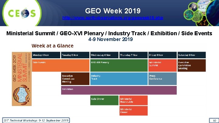 GEO Week 2019 http: //www. earthobservations. org/geoweek 19. php Ministerial Summit / GEO-XVI Plenary