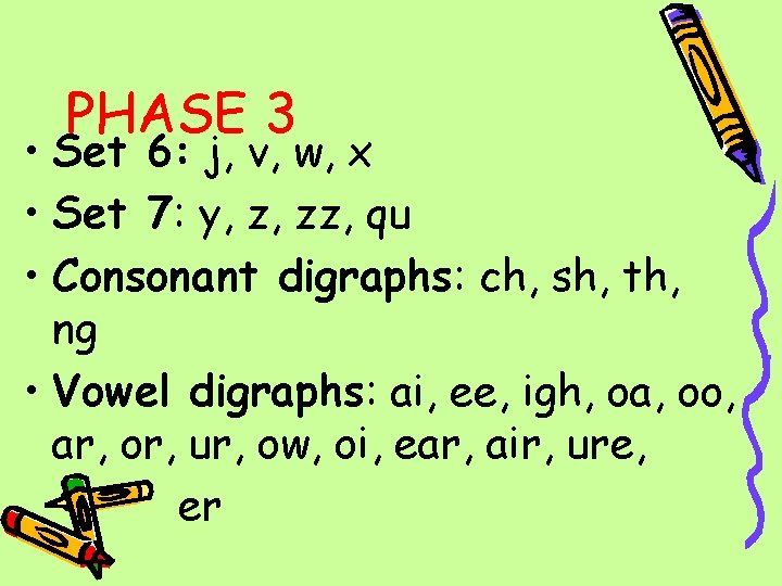 PHASE 3 • Set 6: j, v, w, x • Set 7: y, z,