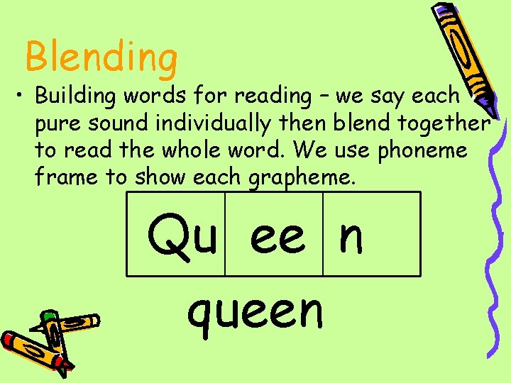 Blending • Building words for reading – we say each pure sound individually then