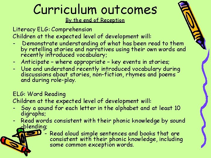 Curriculum outcomes By the end of Reception Literacy ELG: Comprehension Children at the expected