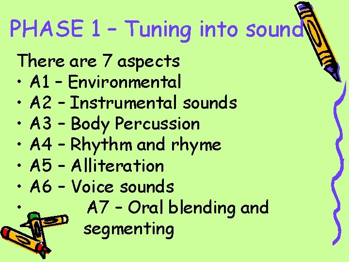 PHASE 1 – Tuning into sound There are 7 aspects • A 1 –