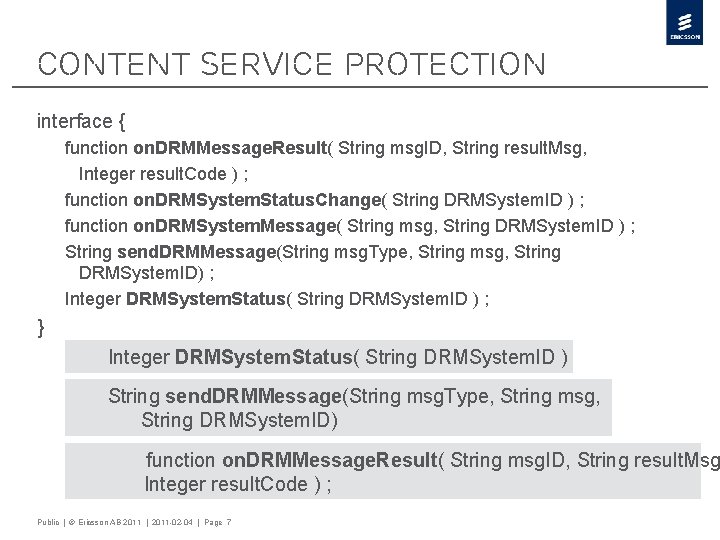 Content Service Protection interface { function on. DRMMessage. Result( String msg. ID, String result.