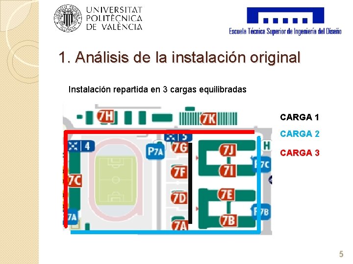 1. Análisis de la instalación original Instalación repartida en 3 cargas equilibradas CARGA 1