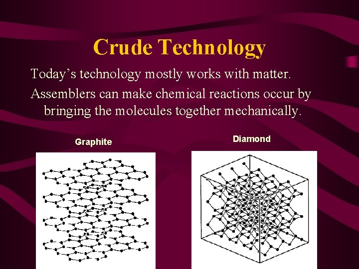 Crude Technology Today’s technology mostly works with matter. Assemblers can make chemical reactions occur