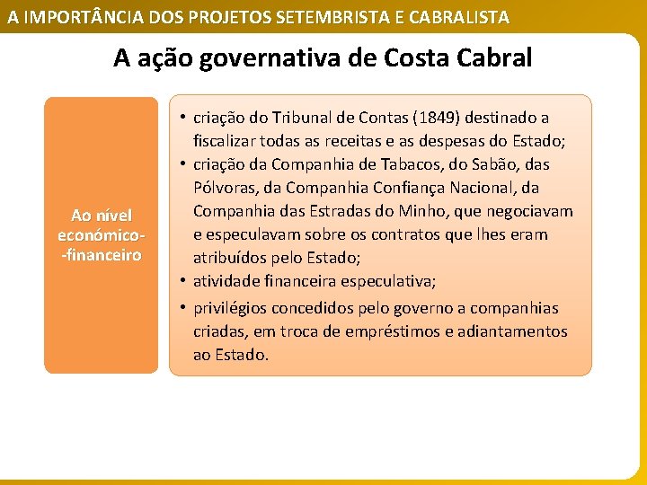 A IMPORT NCIA DOS PROJETOS SETEMBRISTA E CABRALISTA A ação governativa de Costa Cabral