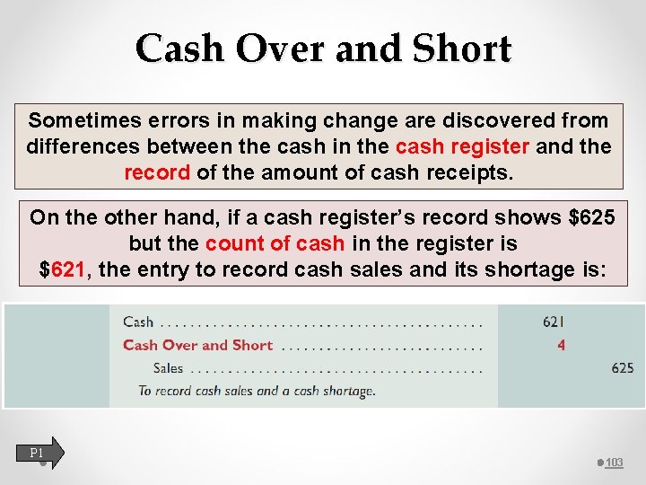 Cash Over and Short Sometimes errors in making change are discovered from differences between