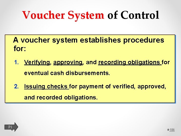 Voucher System of Control A voucher system establishes procedures for: 1. Verifying, approving, and