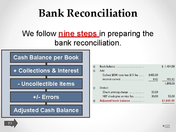 Bank Reconciliation We follow nine steps in preparing the bank reconciliation. Cash Balance per