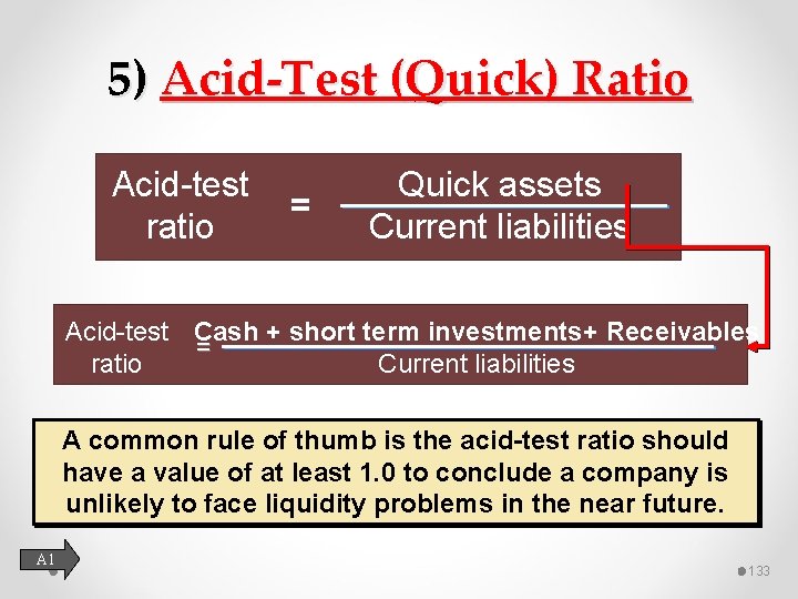 5) Acid-Test (Quick) Ratio Acid-test ratio Quick assets = Current liabilities Acid-test Cash +