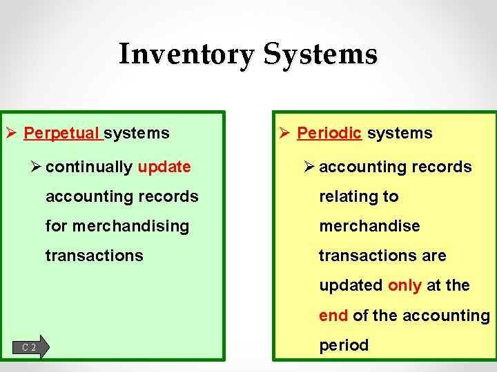 Inventory Systems Ø Perpetual systems Ø continually update Ø Periodic systems Ø accounting records