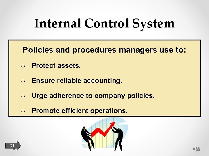 Internal Control System Policies and procedures managers use to: o Protect assets. o Ensure