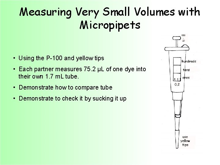 Measuring Very Small Volumes with Micropipets • Using the P-100 and yellow tips •