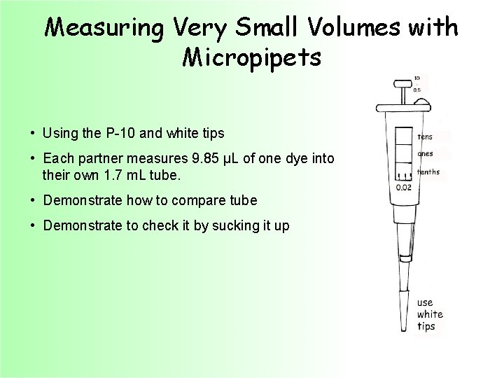 Measuring Very Small Volumes with Micropipets • Using the P-10 and white tips •