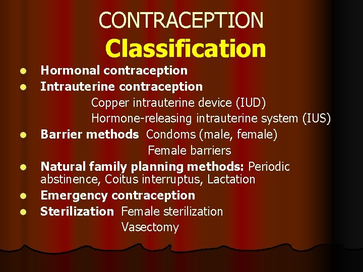 CONTRACEPTION Classification Hormonal contraception l Intrauterine contraception Copper intrauterine device (IUD) Hormone-releasing intrauterine system