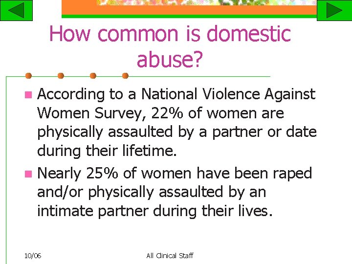 How common is domestic abuse? According to a National Violence Against Women Survey, 22%