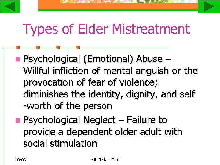 Types of Elder Mistreatment Psychological (Emotional) Abuse – Willful infliction of mental anguish or