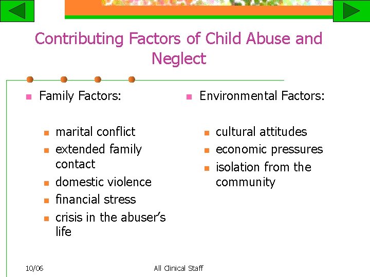 Contributing Factors of Child Abuse and Neglect n Family Factors: n n n 10/06