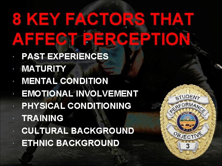 8 KEY FACTORS THAT AFFECT PERCEPTION PAST EXPERIENCES MATURITY MENTAL CONDITION EMOTIONAL INVOLVEMENT PHYSICAL