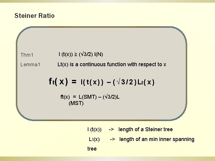 Steiner Ratio Thm 1 l (t(x)) ≥ (√ 3/2) l(N) Lemma 1 Lt(x) is