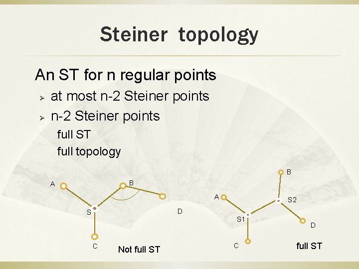Steiner topology An ST for n regular points Ø Ø at most n-2 Steiner