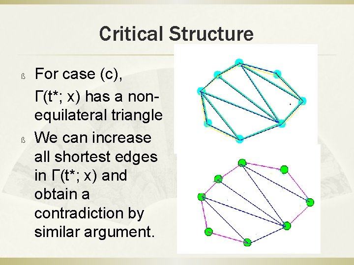 Critical Structure For case (c), Γ(t*; x) has a nonequilateral triangle ß We can