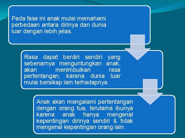 Pada fase ini anak mulai memahami perbedaan antara dirinya dan dunia luar dengan lebih