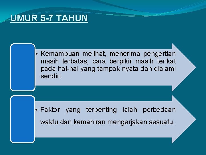 UMUR 5 -7 TAHUN • Kemampuan melihat, menerima pengertian masih terbatas, cara berpikir masih