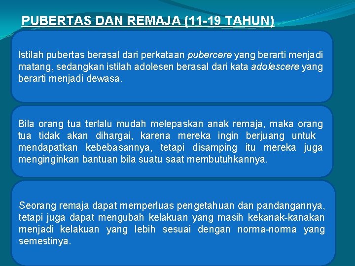 PUBERTAS DAN REMAJA (11 -19 TAHUN) Istilah pubertas berasal dari perkataan pubercere yang berarti