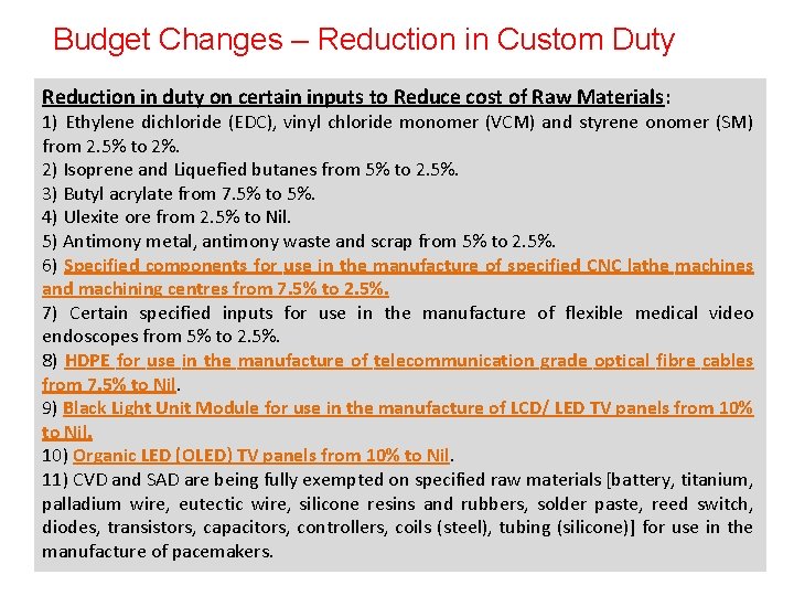 Budget Changes – Reduction in Custom Duty Reduction in duty on certain inputs to