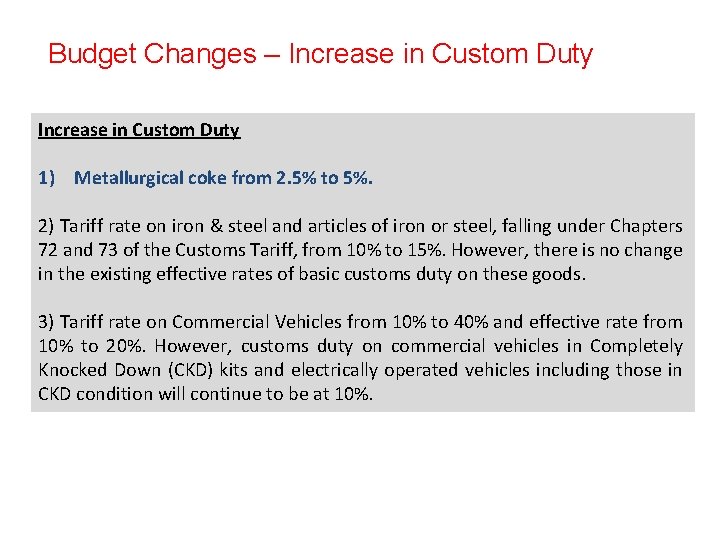 Budget Changes – Increase in Custom Duty 1) Metallurgical coke from 2. 5% to