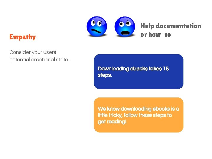 Empathy Help documentation or how-to Consider your users potential emotional state. Downloading ebooks takes