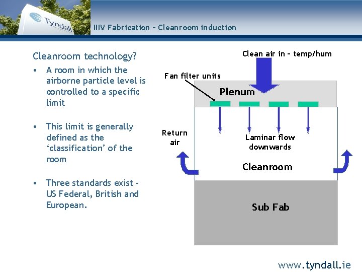 IIIV Fabrication – Cleanroom induction Clean air in – temp/hum Cleanroom technology? • A