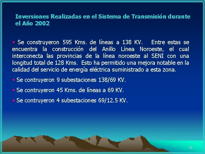  Inversiones Realizadas en el Sistema de Transmisión durante el Año 2002 § Se