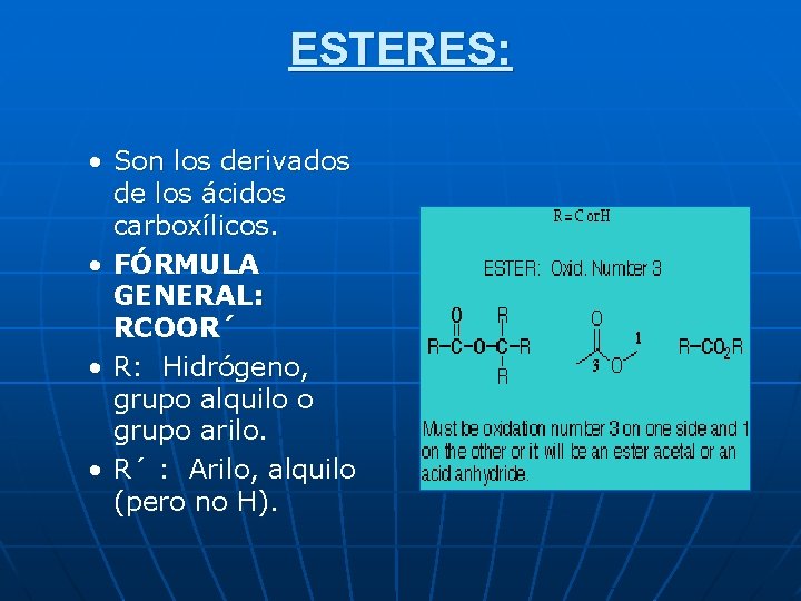ESTERES: • Son los derivados de los ácidos carboxílicos. • FÓRMULA GENERAL: RCOOR´ •