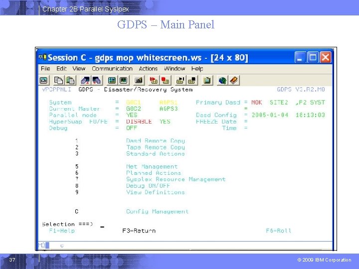 Chapter 2 B Parallel Syslpex GDPS – Main Panel 37 © 2009 IBM Corporation