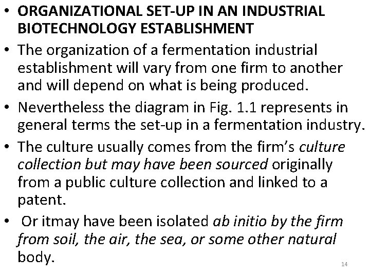  • ORGANIZATIONAL SET-UP IN AN INDUSTRIAL BIOTECHNOLOGY ESTABLISHMENT • The organization of a