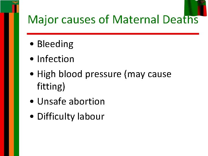 Major causes of Maternal Deaths • Bleeding • Infection • High blood pressure (may