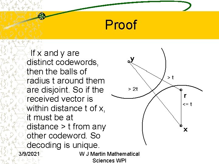 Proof If x and y are distinct codewords, then the balls of radius t Proof If x and y are distinct codewords, then the balls of radius t