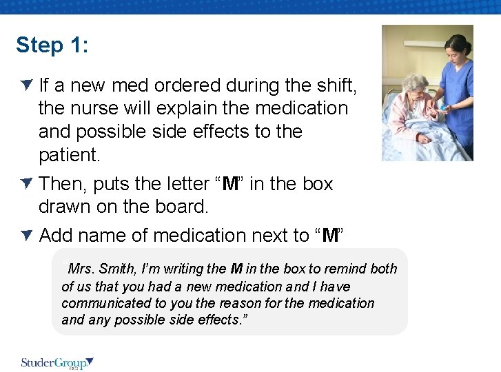 Step 1: If a new med ordered during the shift, the nurse will explain