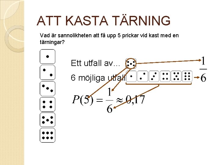 ATT KASTA TÄRNING Vad är sannolikheten att få upp 5 prickar vid kast med